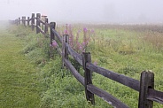 Foggy Morning View Along a Wooden Fence