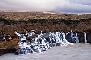 Hraunfossar waterfalls flowing into a dark, turbulent river