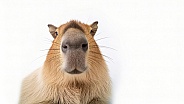 greater capybara - Hydrochoerus hydrochaeris - a giant cavy rodent native to South America and the largest living rodent, genus Hydrochoerus. Head and face look at camera isolated on white background