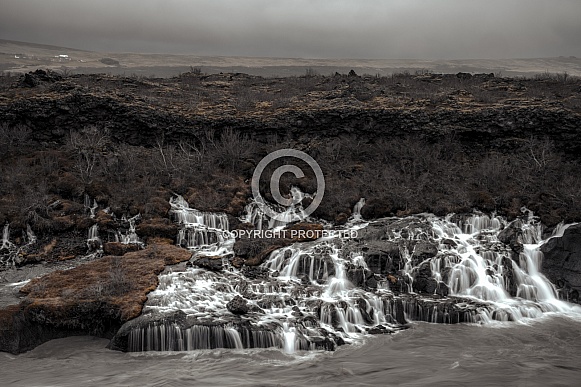 Wide view of Hraunfossar waterfalls