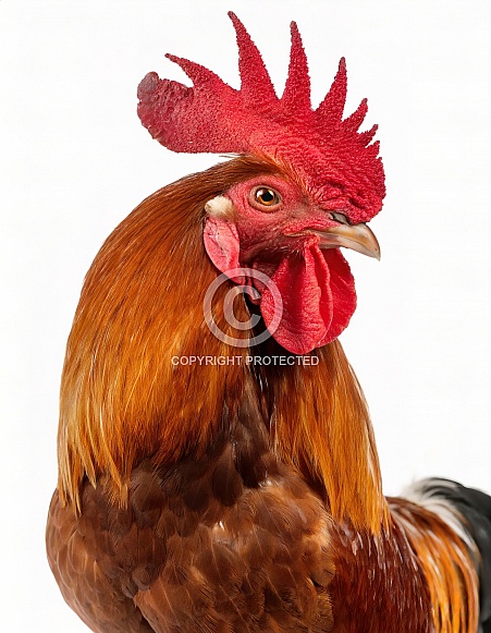 young brown Rhode Island Red hen chicken rooster portrait with long comb and wattles side profile view, isolated on white background