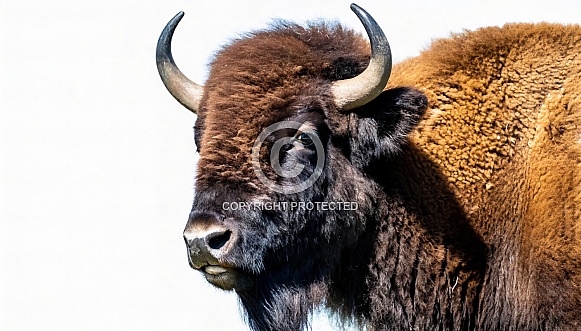 Wild American bison or buffalo - bison bison - are North America largest terrestrial animals standing looking at camera face and head closeup isolated on white background